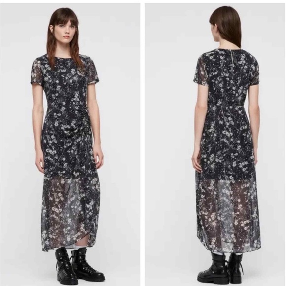 ALLSAINTS Ariya Lisk Floral Print Ruched Drawstring Semi Sheer Maxi Skirt Dress - Picture 2 of 13
